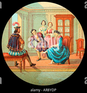 Old Glass Lantern Slide of Story of Cinderella. Trying on Glass Slipper. Stock Photo