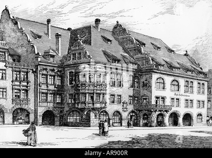 geography / travel, Germany, Munich, gastronomy, Hofbräuhaus, exterior view, wood engraving after drawing by Weysser, 1897, Stock Photo