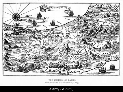 Isthmus of Darien 1668 map of Panama from East to West the route of Henry Morgan and his pirates from Porto Bello Stock Photo