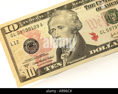 Detail of the new American 10 00 Ten dollar bill or note recently issued by the United States Treasury Stock Photo