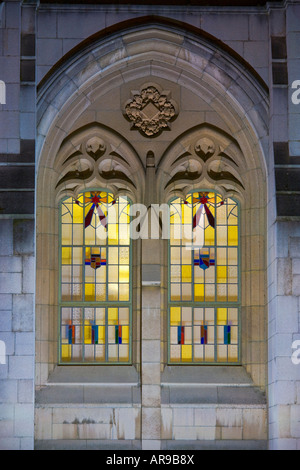 Detail of stained and leaded glass window in Suzzallo Library at night University of Washington Seattle Washington Stock Photo