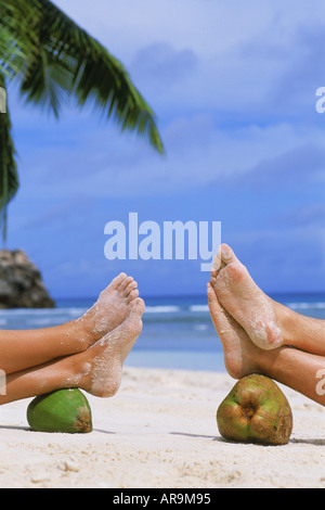 Four sandy feet resting on two coconuts on tropical beach.  The idyllic holiday position. Stock Photo