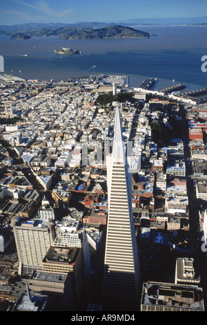 Aerial view of TransAmerica Pyramid  with Alcatraz Island in San Francisco Bay Stock Photo