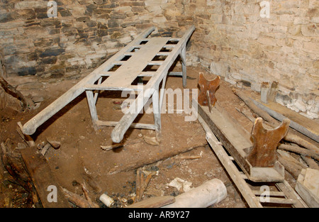 Old funeral bier in derelict shed at Welsh Bethesda Chapel Brechfa near Brecon Powys Wales UK dated 1802 Stock Photo