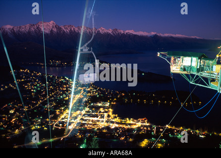 Skyline Gondola above Queenstown Lake Wakatipu and The Remarkables and The Ledge Bungy at night South Island New Zealand