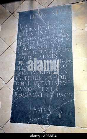 Grave of Dom Perignon in the Abbey at Hautvillers in the Champagne Ardenne region of France Stock Photo