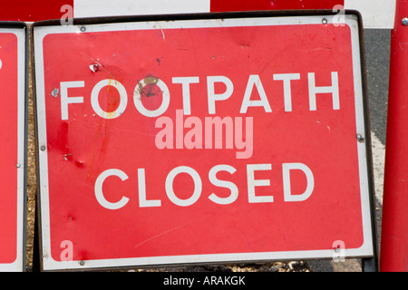 Footpath closed road sign at road works Stock Photo