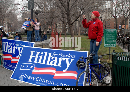 Supporters of Democratic presidential candidate Sen Hillary Rodham Clinton rally in Union Square Park in New York City Stock Photo