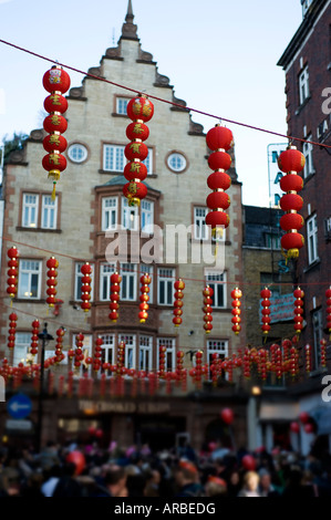 Chinese new year celebrations with oriental lanterns hung in Soho, central London Stock Photo
