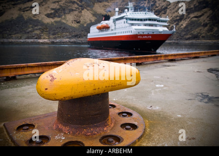 Hurtigruten passenger ferry arriving at port in Stamsund, Lofoten islands, Norway Stock Photo