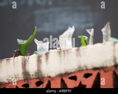 Glass bottle pieces atop a fence Stock Photo