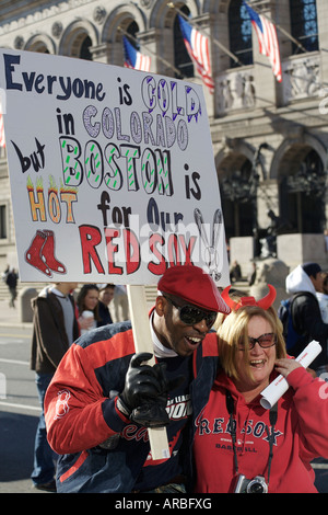 People celebrating Boston Red Sox victory in 2007 world series. Boston, Massachusetts, USA Stock Photo