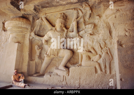 Rock cut panel showing the Hindu God Lord Shiva in Cave no 29, the Dhuma Lena Cave, at Ellora, Maharashtra State, India Stock Photo