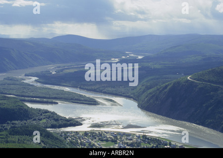 Yukon River with Dawson City in the foreground, and the Klondike River entering left, Yukon, Canada, North America Stock Photo