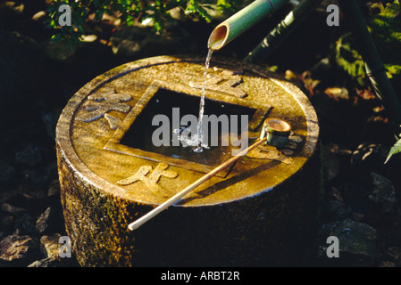 A Tsubakai, a stone wash basin for the tea room, Ryoan-ji Temple in NW Kyoto, Honshu, Japan Stock Photo