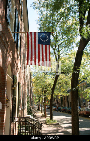 Historic flag, Society Hill, Philadelphia, Pennsylvania, United States of America (U.S.A.), North America Stock Photo