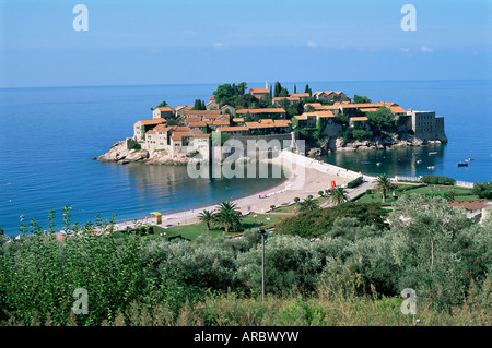 Island of Sveti Stefan (St. Stephen), once a fishing village, now a luxury hotel complex, near Budva, Montenegro, Europe Stock Photo