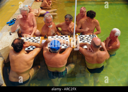 Men playing chess, Municipal Szechenyi Baths, Budapest, Hungary, Europe Stock Photo