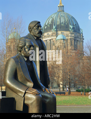 Statues of Marx and Engels and the Berlin Cathedral (Dom), Berlin, Germany, Europe Stock Photo