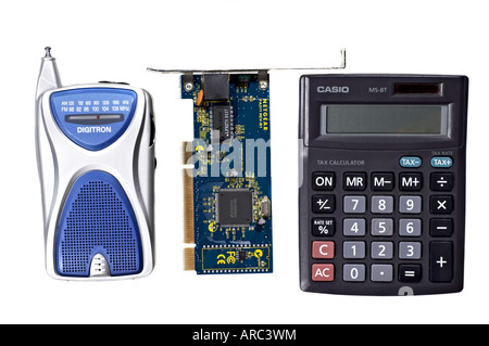 Transistor Radio Network Ethernet Card Solar Power Calculator Stock Photo
