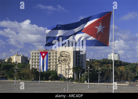 Cuban flag flying outside the Ministerio del Interior, Plaza de la Revolucion, Havana, Cuba, West Indies, Central America Stock Photo