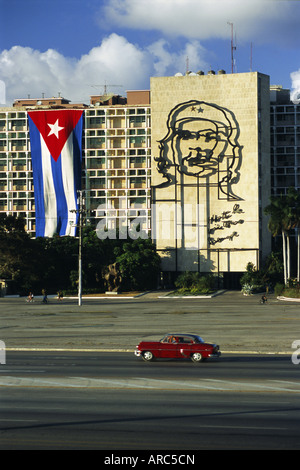 Cuban flag outside the Ministerio del Interior at Plaza de la Revolucion, Havana, Cuba, West Indies, Central America Stock Photo