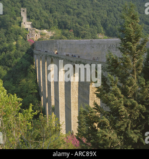 Medieval bridge and aqueduct, Ponte delle Torri, Spoleto, Umbria, Italy, Europe Stock Photo