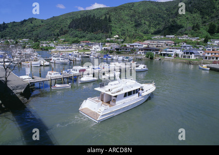 Yacht entering Picton Marina, Picton, Marlborough, South Island, New Zealand, Pacific Stock Photo