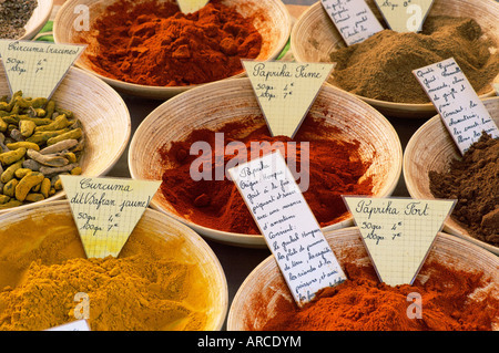 Spices for sale on market in the Rue Ste. Claire, Annecy, Haute Savoie, Rhone-Alpes, France, Europe Stock Photo