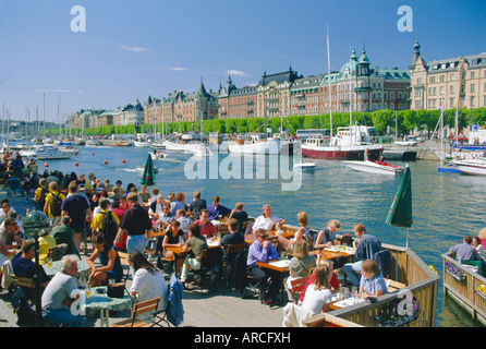 The Strandvagen waterfront, restaurants and boats in the city centre, Stockholm, Sweden, Scandinavia, Europe Stock Photo
