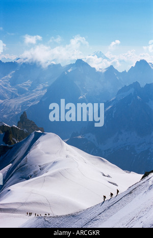 View from Mont Blanc towards Grandes Jorasses, with mountaineers on Cosmiques Ridge, Mont Blanc, French Alpes, France, Europe