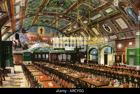 geography/travel, Germany, Munich, gastronomy, Hofbräuhaus, interior view, ballroom, postcard, 1922 hall, Bavaria, Europe, 20th century, historic, historical, Hofbrauhaus, Hofbraeuhaus, 1920s, Stock Photo