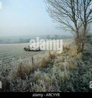 Hard frost covering on farmland with hedges fields and farm machinery on a winter morning Stock Photo