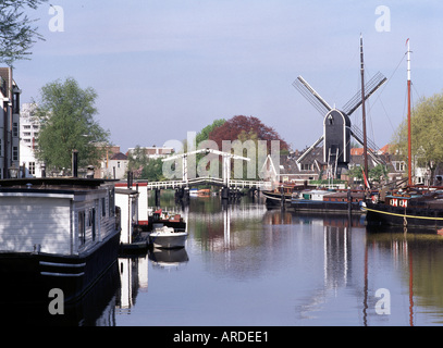 Leiden, Hafen, 'Blick auf die Mühle ''de Put''' Stock Photo