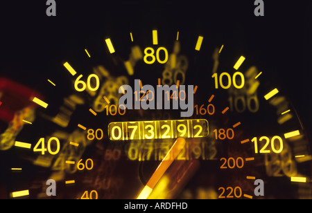 speedometer on vehicle illuminated at night Stock Photo