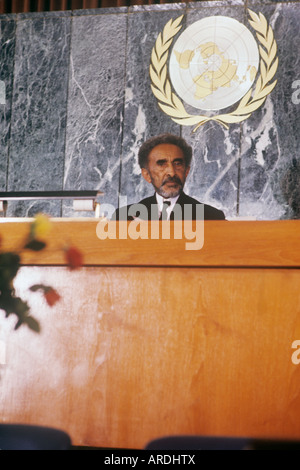 Emperor Haile Selassie of Ethiopia presiding at a gathering of the Oranisation of African Unity, OAU, in Africa Hall in 1970 Stock Photo