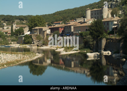 medieval village Vogüé of  reflected in River Ardèche, France Stock Photo