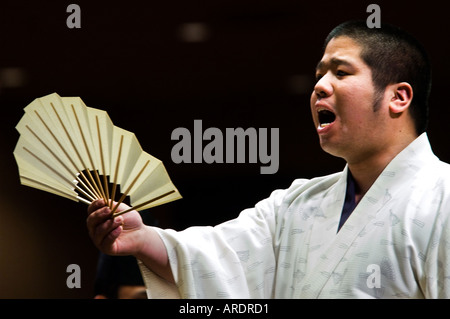 An official announces the next sumo wrestling match at the Ryogoku stadium in Tokyo Japan Stock Photo