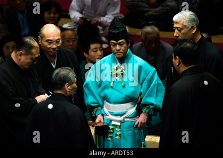 Sumo judges confer at the Ryogoku stadium in Tokyo Japan Stock Photo ...