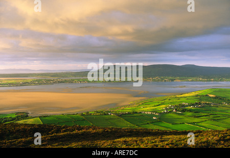 View from Queen Maeve's Cairn on summit of Knocknarea across Sligo Bay to Ben Bulben mountain, County Sligo, Ireland Stock Photo