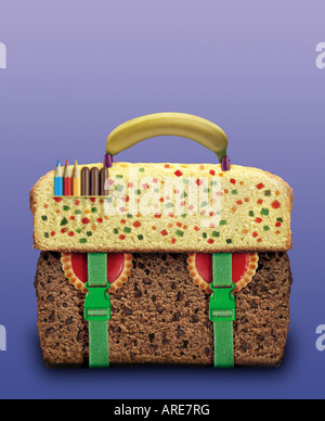 after-school snack: schoolbag made of cakes fruits and candies after-school snack: schoolbag made of cakes fruits and candies
