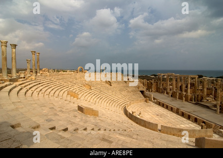 Ancient Roman Amphitheatre ruins at the Leptis Magna site, in Libya. Stock Photo