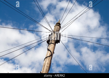 Telephone wires attached to wooden post England UK Stock Photo