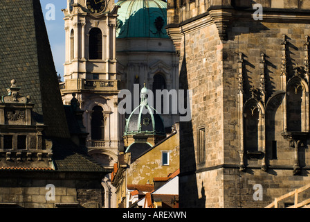 Close up Charles Bridge Tower and St Nicholas Church in background. Prague, Czech Republic. Stock Photo