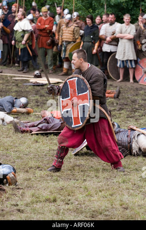Viking warrior with sword and shield at a battle re-enactment in Denmark Stock Photo