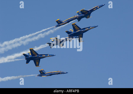 A group of US Navy Blue Angels aerobatic team in formation, , F-18 ...