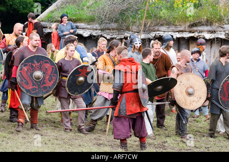 Viking warriors locked in battle at a re-enactment festival in Denmark Stock Photo