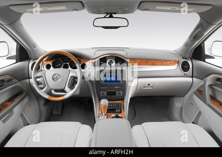 2008 Buick Enclave CXL in White - Dashboard, center console, gear shifter view Stock Photo