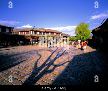 Old Market Square of Lijiang Old Town, in China’s Yunnan Province, at sunset. Stock Photo