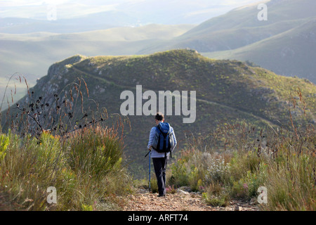 Woman walking the Boesmanskloof Trail near Greyton in the Riviersonderend Mountains Western Cape South Africa Stock Photo